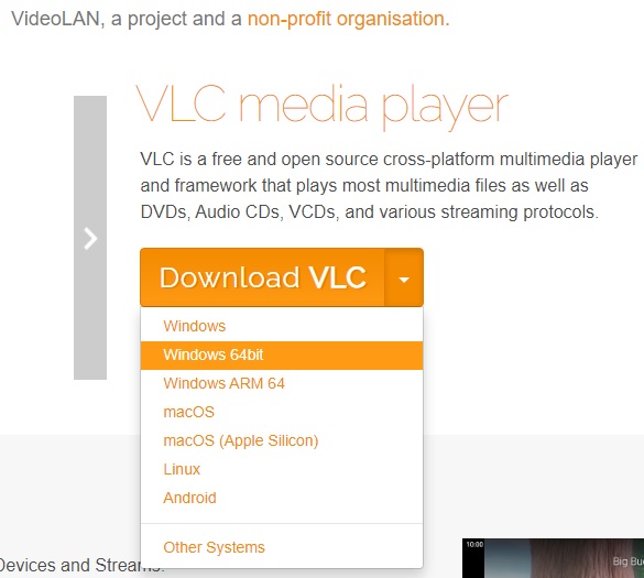 VLC download page showing the Windows 64bit option in a dropdown box.